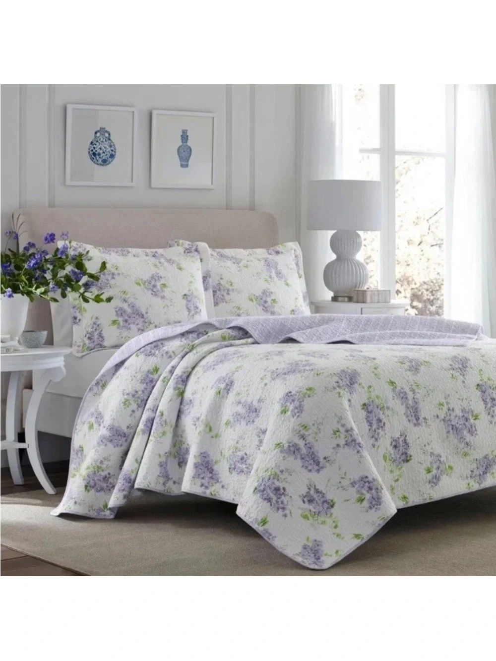 Laura Ashley ~ Full/Queen Keighley Floral 3 Pc Quilt Set Reversible Purple